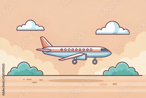 Minimalist Cartoon Airplane Flying Over Simple Landscape
