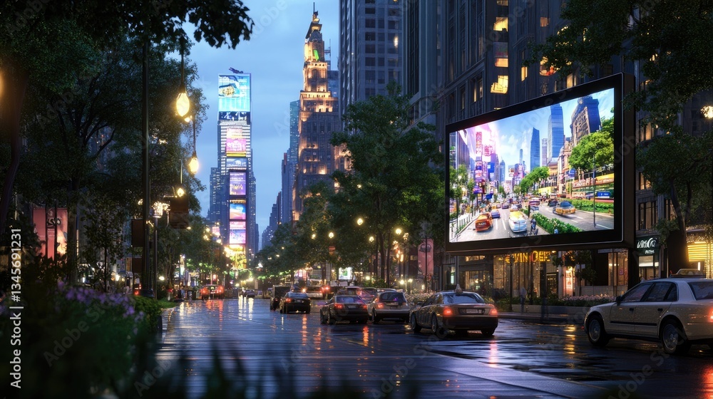 Fototapeta premium Urban Evening Scene with Bright Billboard and Citylights at Night