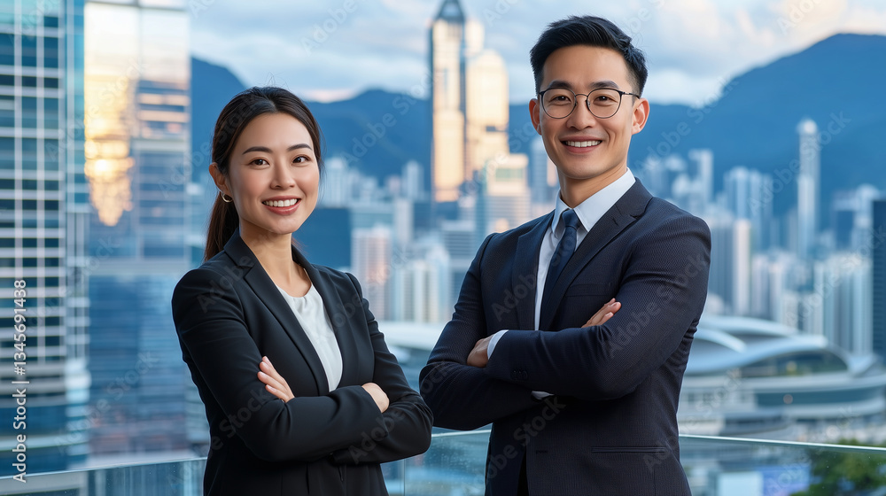 Two executives standing with arms crossed, smiling at the camera with an impressive city skyline behind them Two executives standing with arms crossed, smiling at the camera with an impressive city skyline behind them