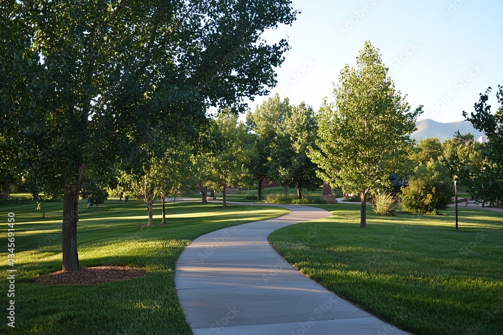 Fototapeta premium A peaceful walk along a tree-lined path in a quiet park, the evening air cool and refreshing