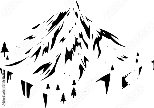 Isometric 3D mountain landscape illustration black and white monochrome scene art design graphic