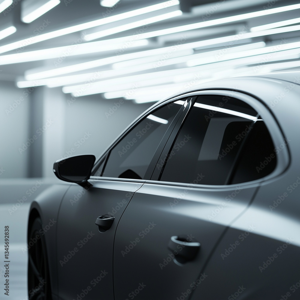  a premium matte silver car with tinted window inside a garrage under the soft white light,  side top close view, aesthetic and minimal image