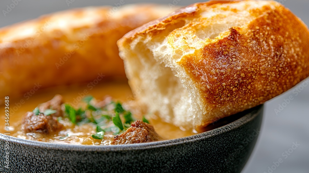Delicious Bowl of Warm Soup with Fresh Bread and Herbs for Comfort Delicious Bowl of Warm Soup with Fresh Bread and Herbs for Comfort