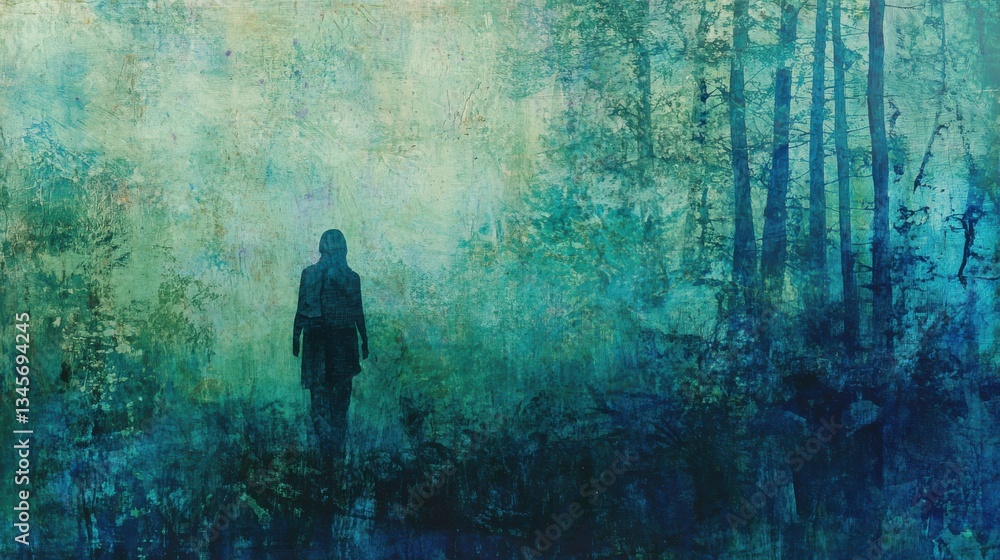 Fototapeta premium Silhouette of a person walking through a misty forest filled with vibrant textures and shades of blue and green