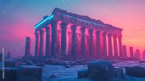Ancient ruins bathed in neon luminescence.