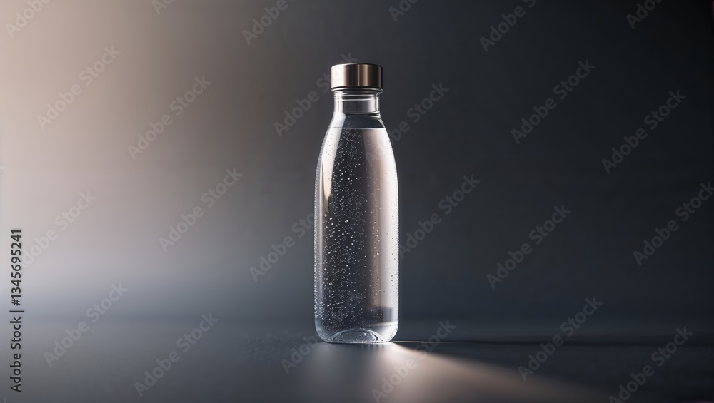 Clear glass bottle filled with sparkling water illuminated by soft light on a dark background Clear glass bottle filled with sparkling water illuminated by soft light on a dark background