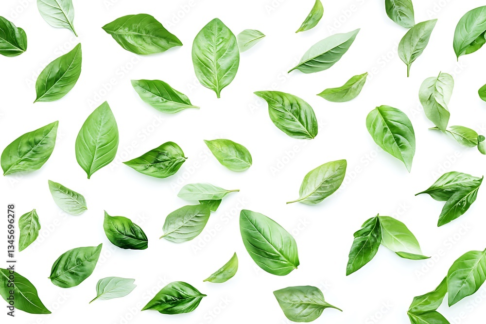 Naklejka premium Green basil herb leaves isolated on white background