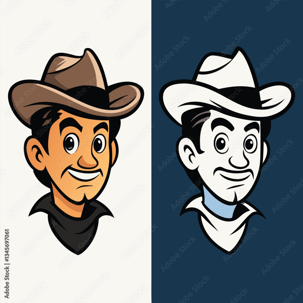 Cowboy Man Head Vector: Rugged Character Illustration in Black & Color Cowboy Man Head Vector: Rugged Character Illustration in Black & Color