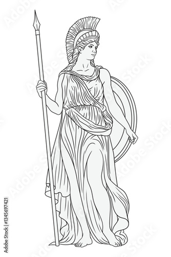 PrintAncient Greek goddess Athena Pallas with a spear and shield in a helmet. Figure isolated on white background