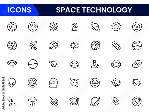 Space and Technology icon set. Containing satellites, the universe, astronauts, rockets, comets, telescopes and planets, and more icons