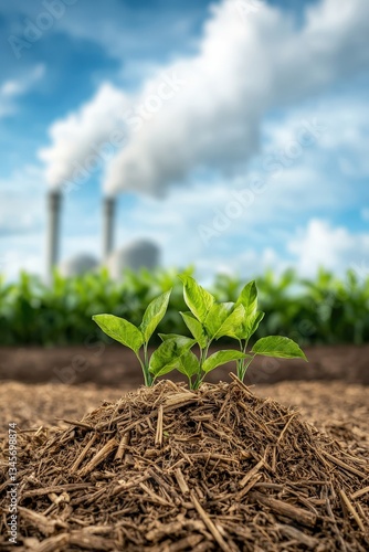 Growing Plants in Soil with Industrial Smokestacks in Background