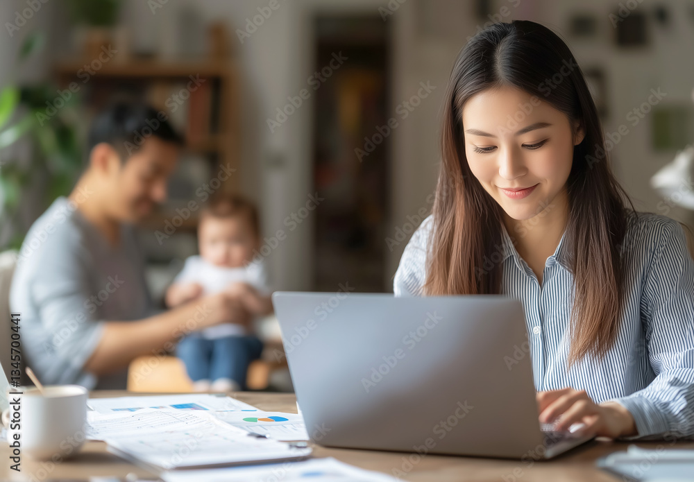 A cinematic scene of a determined woman balancing work and family, work from home concept. A cinematic scene of a determined woman balancing work and family, work from home concept.