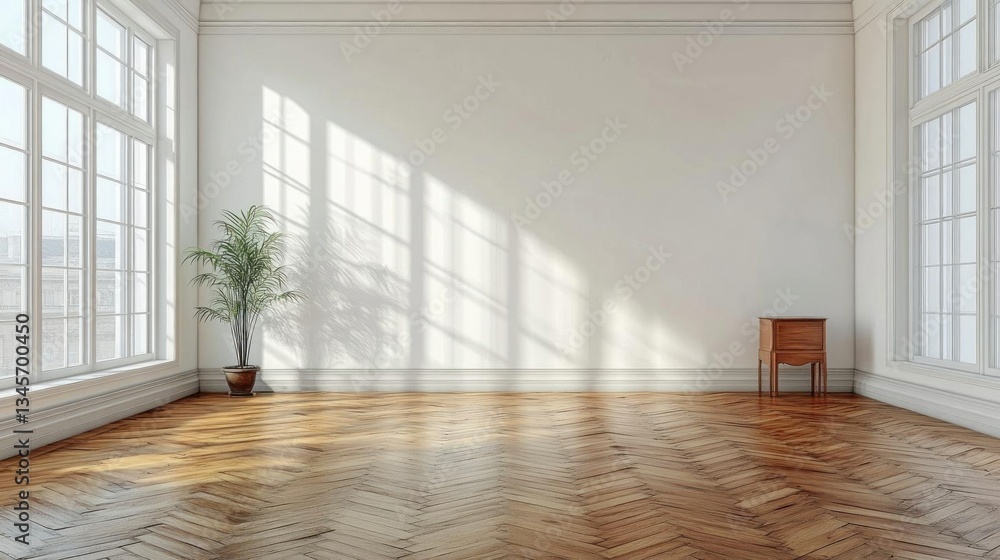Obraz premium Bright sunlit empty room hardwood floor interior