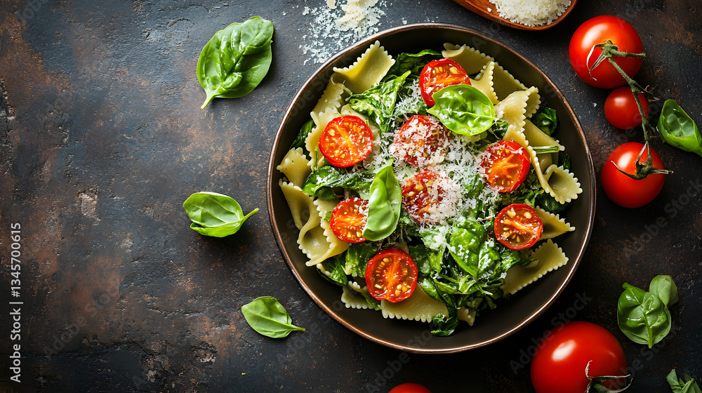 A spinach and roasted tomato pasta with garlic and parmesan cheese. A spinach and roasted tomato pasta with garlic and parmesan cheese.
