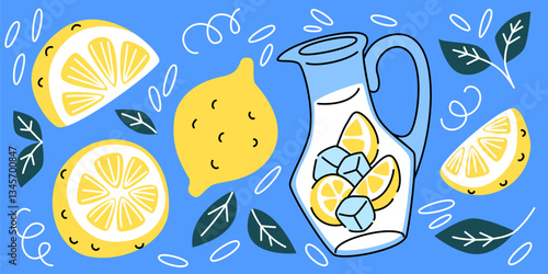Lemons and lemonade jug pattern on blue background. Flat vector illustration of yellow citrus fruit, mint leaves, fresh fruit juice or cocktail in jar, abstract spiral lines, summer bar menu design