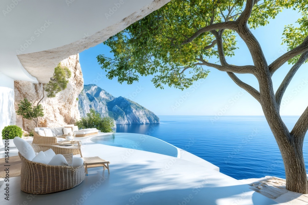 Obraz premium Luxury infinity pool overlooking the mediterranean sea from a whitewashed terrace