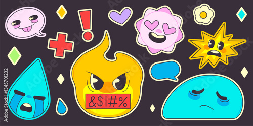 Quirky retro stickers vector set in y2k style - shapes and emoticons with facial expressions. Angry fire character with censored swear word, crying raindrop, grinning speech bubble, in love flower.