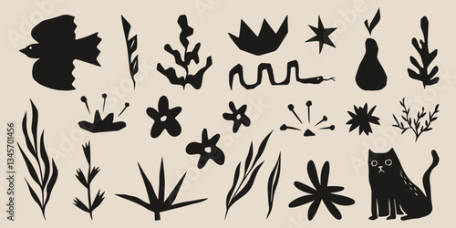 Set of abstract organic shapes in cut boho style - hand drawn vector illustrations of plants and animals in black. Doodle style leaves, flowers, bird and cat silhouette. Cute botanical design assets.