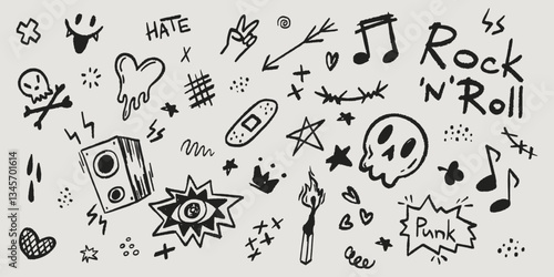 Punk rock music doodle set in black - speakers and hearts, match with flame and stars, lightning bolts and eye, crown and music notes. Fun grungy hand drawn illustrations for retro concert posters.