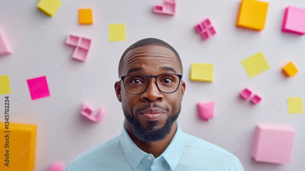 Young man in glasses with colorful background, cheerful expression Young man in glasses with colorful background, cheerful expression