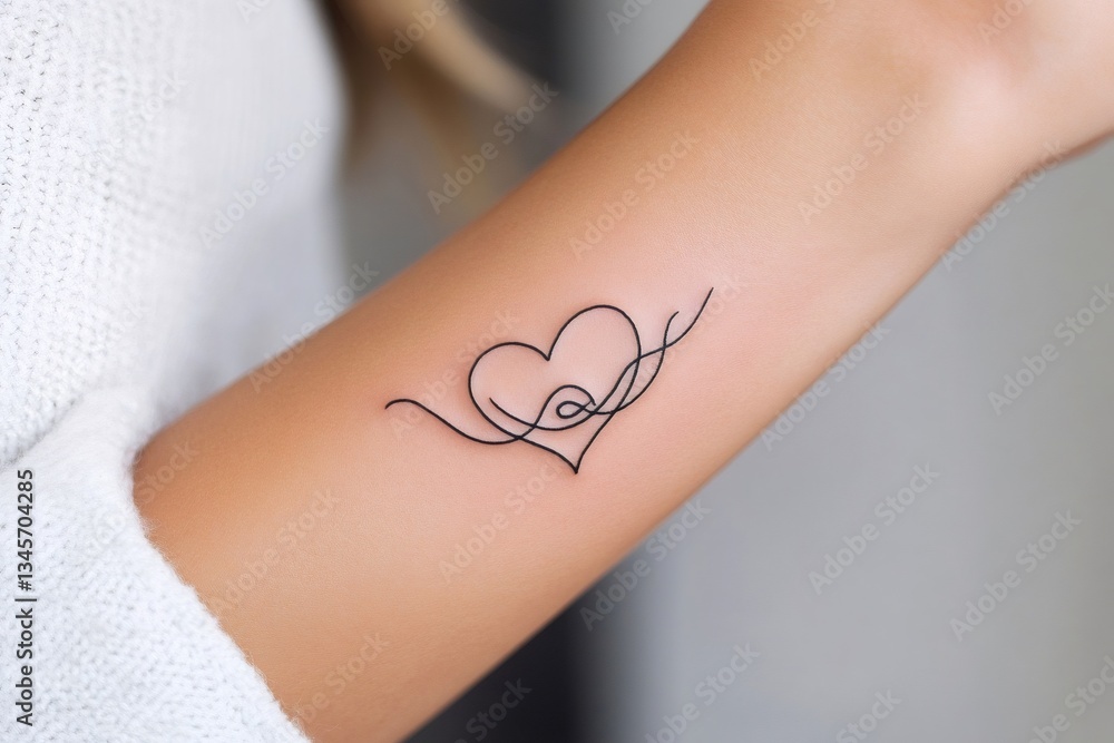 Minimalist heart tattoo representing love and affection on woman's forearm