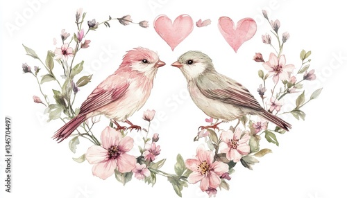 Two Birds Sharing a Tender Moment Amidst a Delicate Floral Heart Wreath