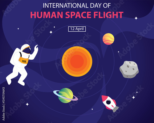 illustration vector graphic of an astronaut floating in space with planets and stars, perfect for international day, human space flight, celebrate, greeting card, etc.