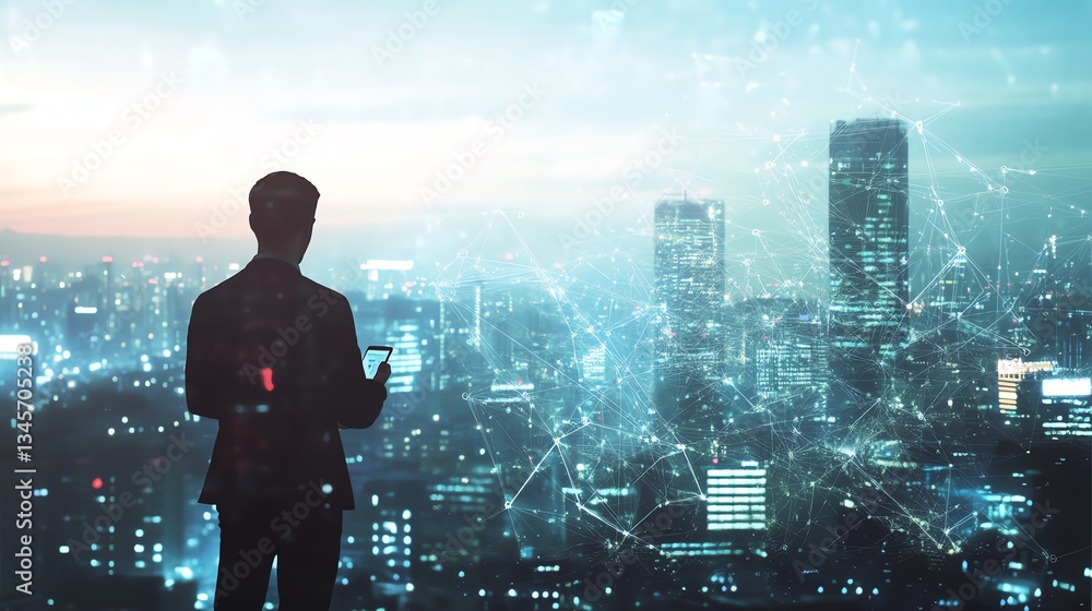 Businessman with smartphone, digital connection and skyscrapers Copy space Businessman with smartphone, digital connection and skyscrapers Copy space