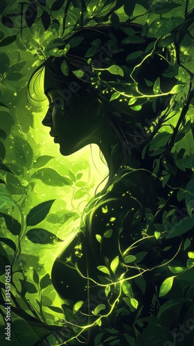 Portrait of a glowing woman surrounded by vibrant green foliage and luminous elements in a tranquil forest setting