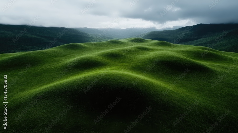 Fototapeta premium Lush green hills, rolling landscape, serene valley. Misty mountains in the background