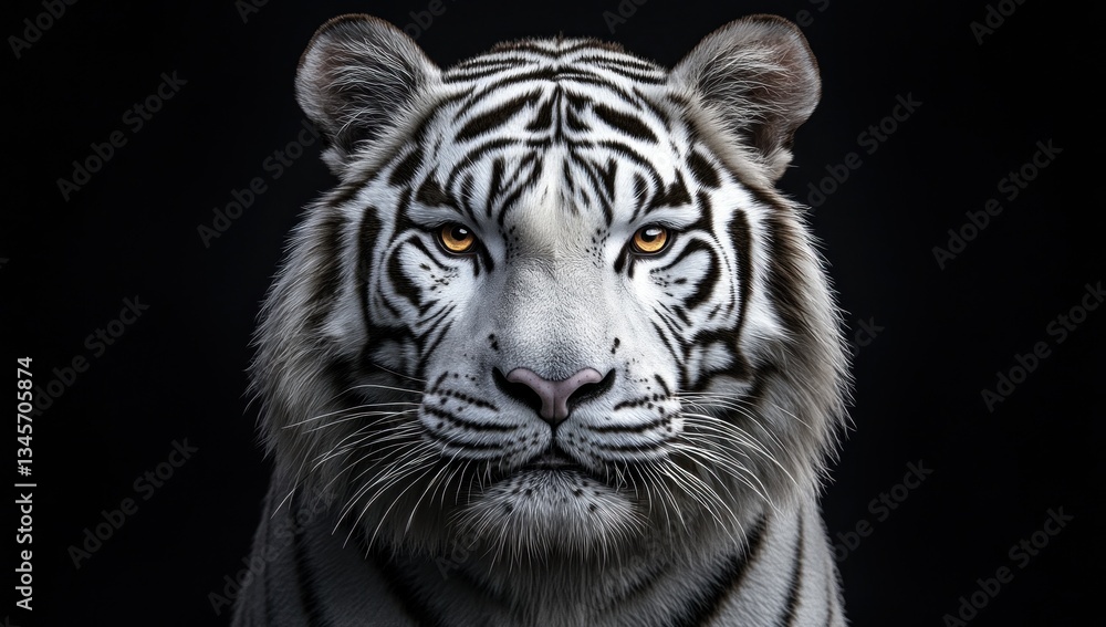 Naklejka premium captivating gaze of a white tiger majestic predator portrait on black backdrop showcasing detailed features