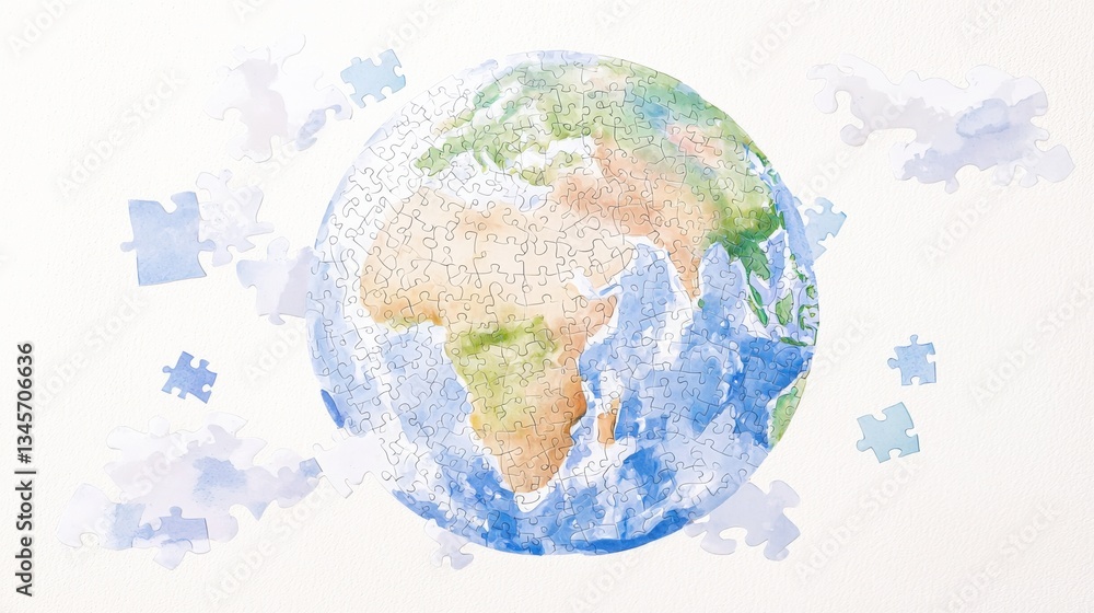 Fototapeta premium Beautiful watercolor illustration of a puzzle piece world, depicting continents and oceans, symbolizing connection and unity in a creative design.