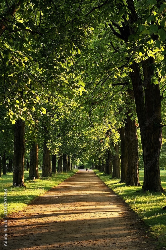 Obraz premium A peaceful walk along a tree-lined path in a quiet park, the evening air cool and refreshing