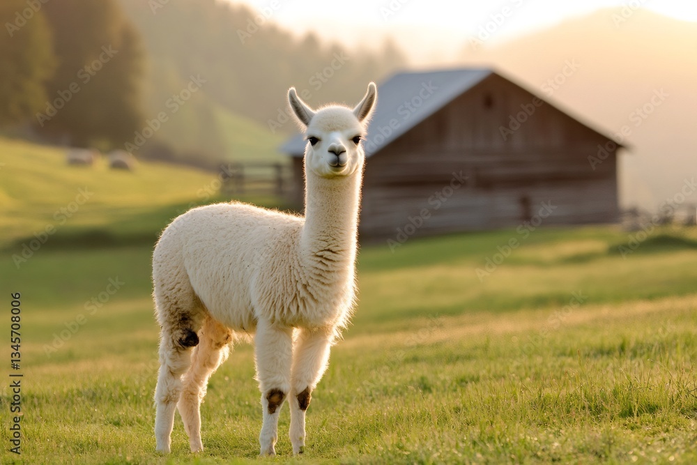 White alpaca standing in a green field with a barn in the background White alpaca standing in a green field with a barn in the background