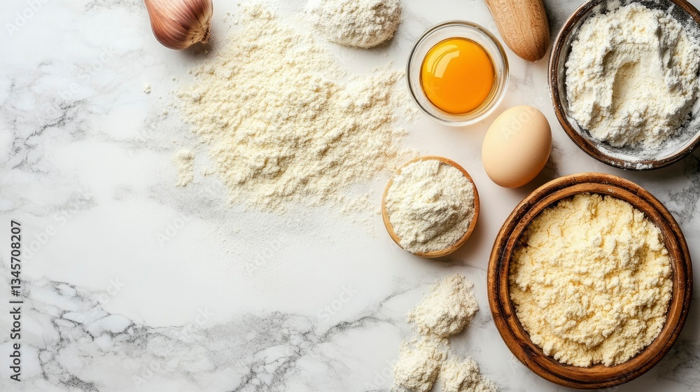 Fototapeta premium Baking Ingredients Flat Lay Flour, Eggs, and More on Marble Surface