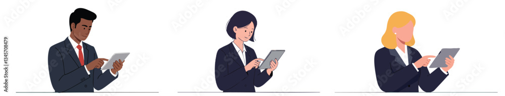 Business Professionals with Tablets Vector Illustration Collection Featuring Inclusive Workspaces on a Plain White Background Business Professionals with Tablets Vector Illustration Collection Featuring Inclusive Workspaces on a Plain White Background