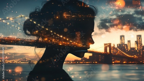 Mystical woman's profile with city skyline and bridge in a dreamlike sunset background