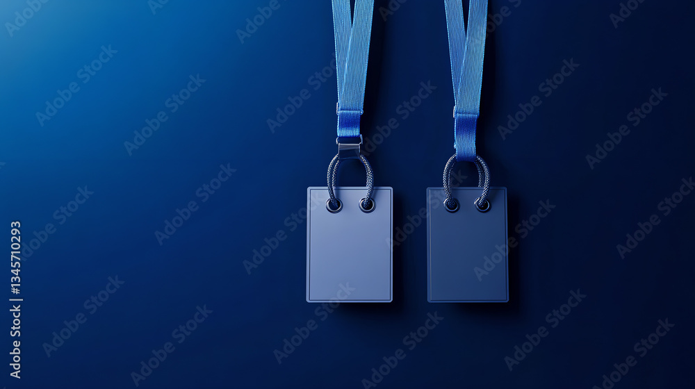 Blank White ID Badge with Blue Lanyard on Dark Blue Background – Professional Employee Name Tag for Corporate Events