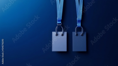 Obraz na płótnie Blank White ID Badge with Blue Lanyard on Dark Blue Background – Professional Employee Name Tag for Corporate Events w salonie