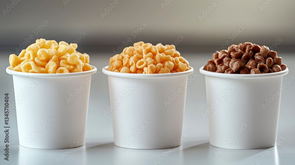 Three Cups of Colorful Cereal Breakfast Variety Three Cups of Colorful Cereal Breakfast Variety