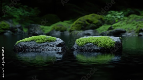 Serene moss-covered stones in a tranquil water garden