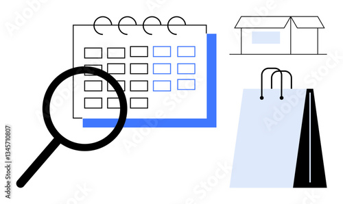 Magnifying glass examining calendar beside a storefront and shopping bag. Ideal for retail scheduling, marketing, planning sessions, inventory organizing, shopping strategy, time management, flat