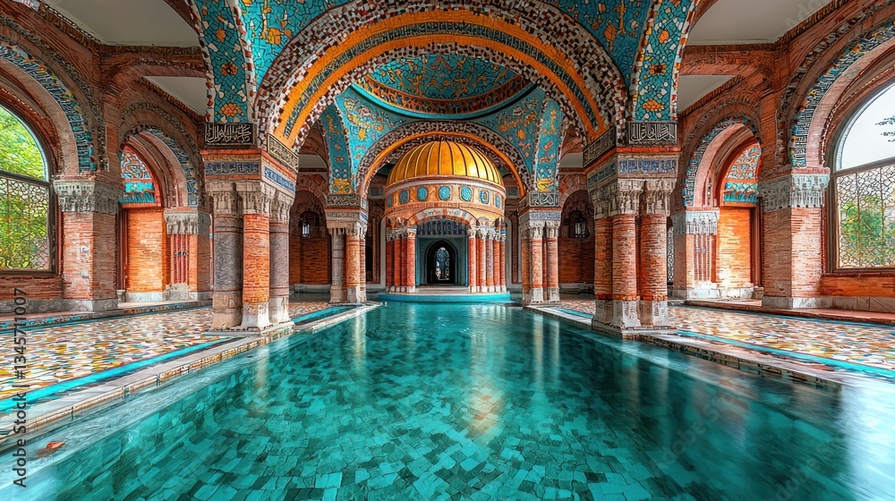 Fototapeta premium Ornate indoor pool, Moorish architecture, vibrant turquoise tiles