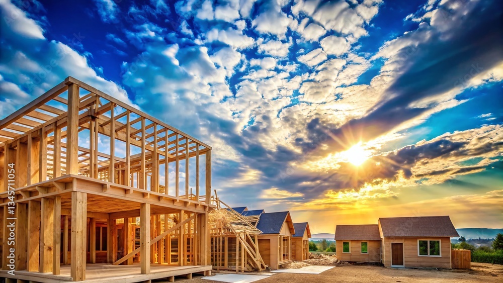 Fototapeta premium New Home Construction: Wooden Beams Against a Blue Sky - Stock Photo