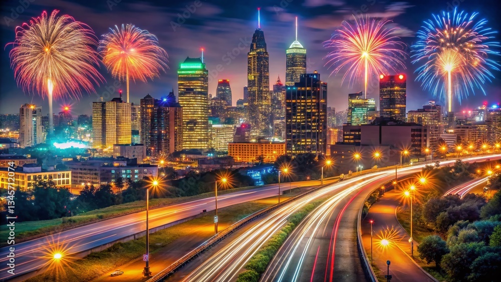 Fototapeta premium Night City Lights Labor Day Celebration - Festive Urban Scene