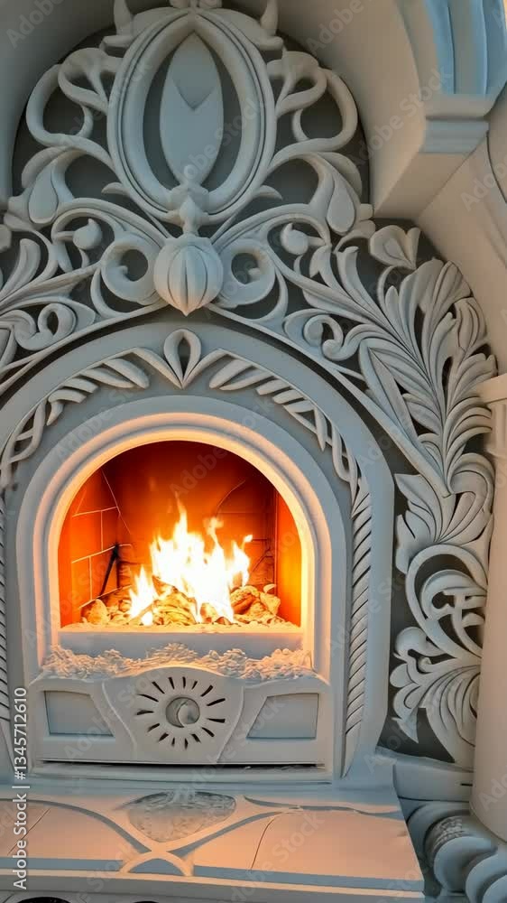 Detailed fireplace features elegant carvings and flickering flames, creating a warm atmosphere perfect for winter gatherings Detailed fireplace features elegant carvings and flickering flames, creating a warm atmosphere perfect for winter gatherings