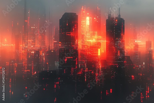 Glowing city skyline with abstract metaverse texture Digital future and cyberpunk concept Double exposure