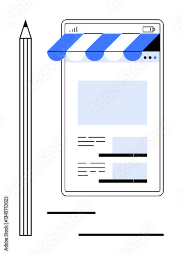 Tablet with striped awning signifying online shop, accompanied by pencil and design elements. Ideal for e-commerce, website creation, small business, entrepreneurship, digital marketing, branding