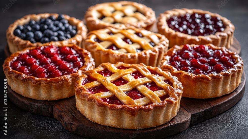 Assorted Delicious Berry Fruit Pies on Wooden Board Assorted Delicious Berry Fruit Pies on Wooden Board