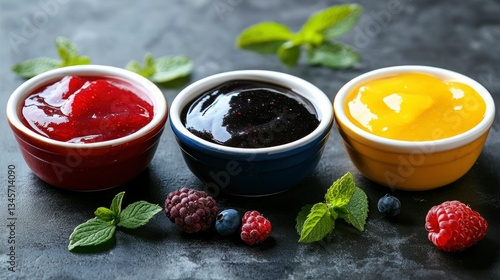 Three Bowls of Colorful Fruit Preserves with Fresh Berries and Mint